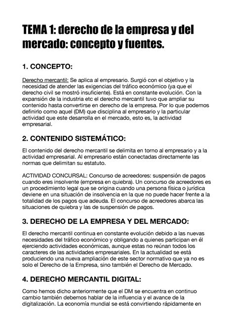 Derecho Apuntes Temas 1 Tema 1 Derecho De La Empresa Y Del Mercado Concepto Y Fuentes 1