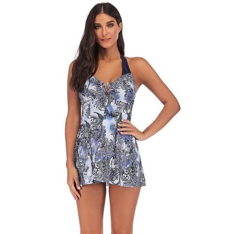 Maillot de Bain avec Jupette Femme Grande Taille Bikini de Plage écharpe Imprimé Bleu Style