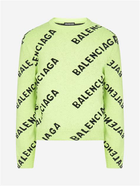 Balenciaga All Over Logo Wool Sweater In Green For Men Lyst