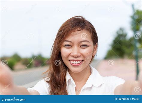 Asian Young Girl Taking Selfie Photo Beautiful Happy Smiling Woman