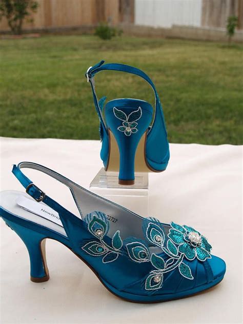 Teal Wedding Shoes Peacock Satin Heels Hand Embellished Teal Shoes