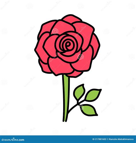 Doodle Flower Rose With Stem And Leaf Vector Hand Drawn Color Sketch