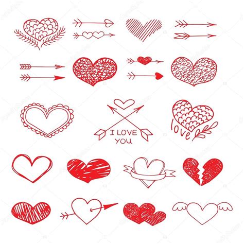 Amor coração vermelho e conjunto de esboço vetorial seta Stock Vector