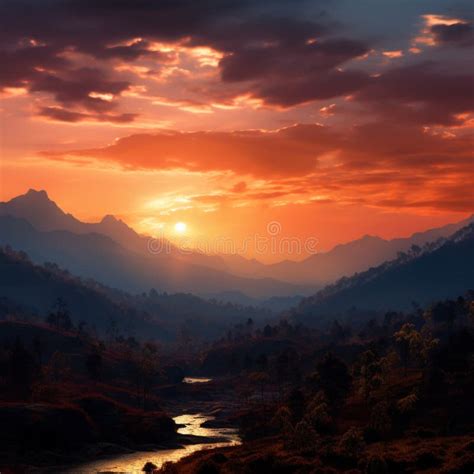 Scenic Sunset With Layered Mountains Portraying A Peaceful And