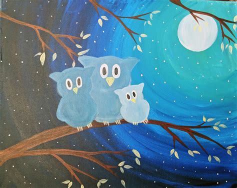 Three Owls In Moonlight Hand Painted Acrylic On Canvas 16x20 Etsy