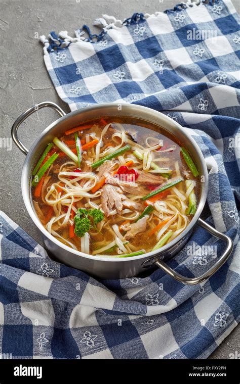 Leftover Peking Duck Udon Noodle Vegetables Soup In A Metal Casserole