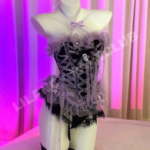 Purple Kuromi Inspired Lingerie Set 3 Piece Dress Top Black Fishnet Half Socks Underwear