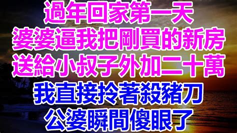 過年回家第一天，婆婆逼我把剛買的新房，送給小叔子外加二十萬，我直接拎著殺豬刀，公婆瞬間傻眼了！ Youtube