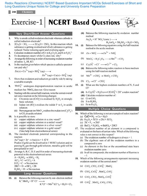 Redox Reactions Ncert Based Questions Important MCQs Solved Exercises