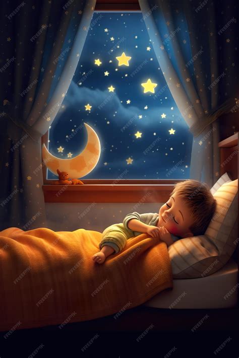 Premium Photo | A child sleeping in a bed with a night sky outside of