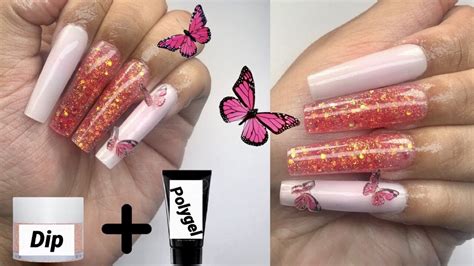 Polygel Nails With Dip Powder Glitter Butterfly Nails Lazy Girl