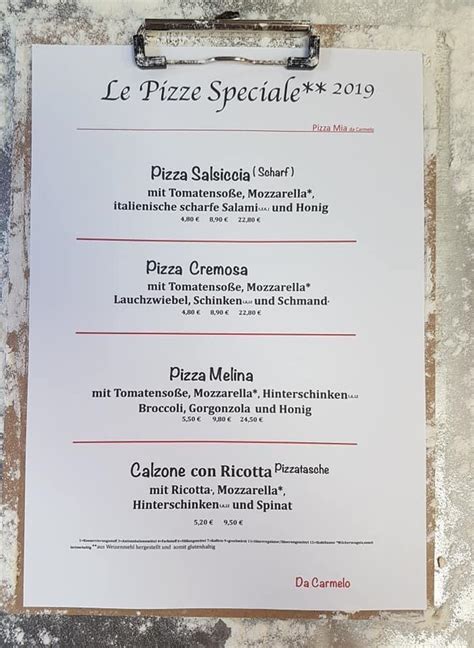 Speisekarte Von Pizza Mia Da Carmelo Hann M Nden