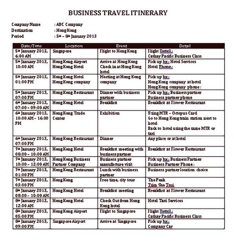 Travel Schedule Template Printable