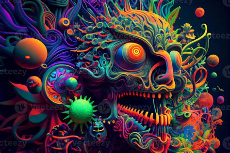 Psychedelic Colorful Lsd Trip Skull With Hippy Patterns And Coral Relief Illustration 22081099