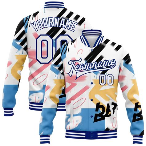 Custom Graffiti Pattern White Royal Grunge Art 3d Bomber Full Snap Varsity Letterman Jacket Sale