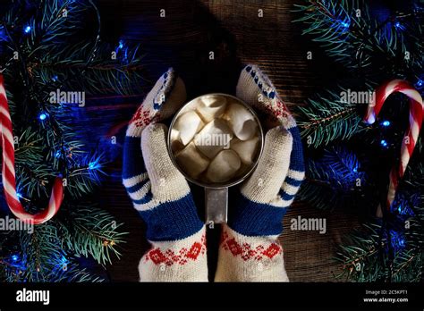 Christmas Homemade Hot Chocolate With Marshmallows In The Hands Of Woman Top View Stock Photo