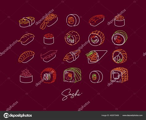 Sushi Types Poster Drawing Line Neon Style Drawing Burgundy Color Stock