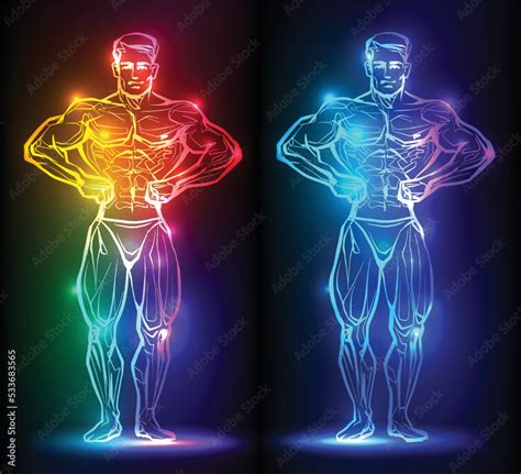 Bodybuilder Muscle Man Fitness Posing Banner With Neon Silhouette Of Sexy Man Figure Beautiful