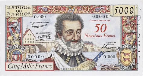 FRANCE FRANCE50 nouveaux francs surchargé sur 5000 francs ÉPREUVE