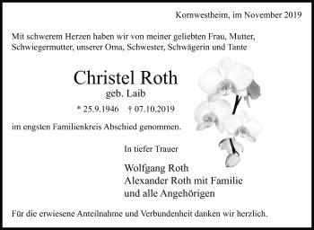 Traueranzeigen Von Christel Roth Stuttgart Gedenkt De