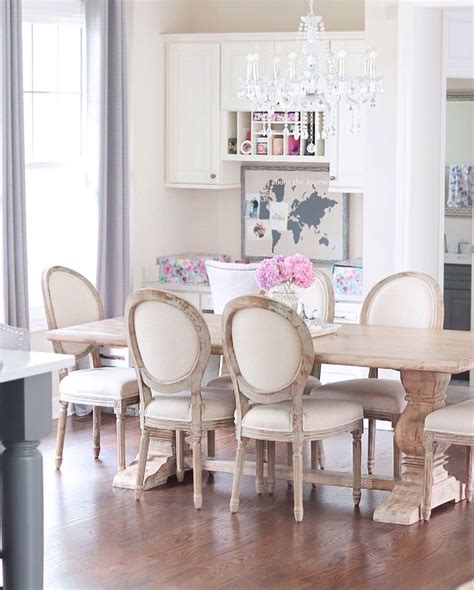 Rustic Glam Dining Area French Chairs Pedestal Table Dining Room