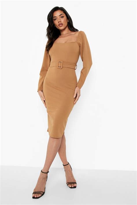 Square Neck Puff Sleeve Belted Midi Dress Boohoo Usa