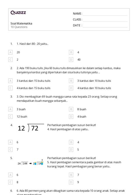 Lembar Kerja Pembagian Dengan Sisa Untuk Kelas Di Quizizz