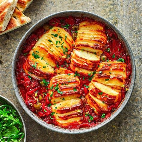 Hasselback Halloumi Traybake — Olive Veggie Recipes Vegetarian Recipes Foood Recipes