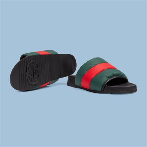 Mens Padded Web Slide Sandal In Green And Red Nylon Gucci® Us