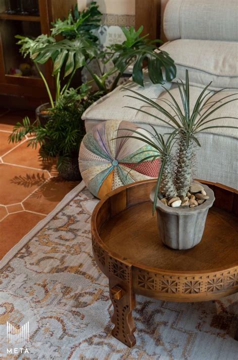 A Potted Plant Sitting On Top Of A Wooden Table In Front Of A Couch