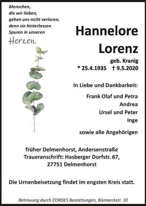 Traueranzeigen Von Hannelore Lorenz Trauer De