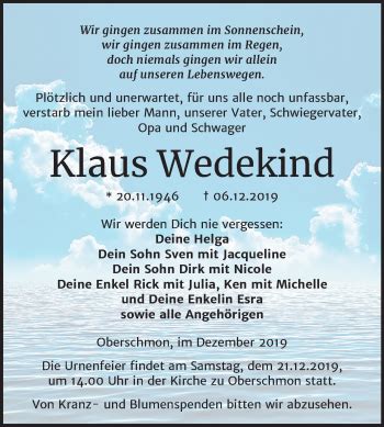 Traueranzeigen Von Klaus Wedekind Abschied Nehmen De