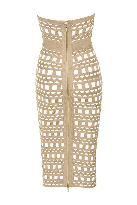 Clothing Bandage Dresses Demelza Nude Openwork Strapless Midi Dress