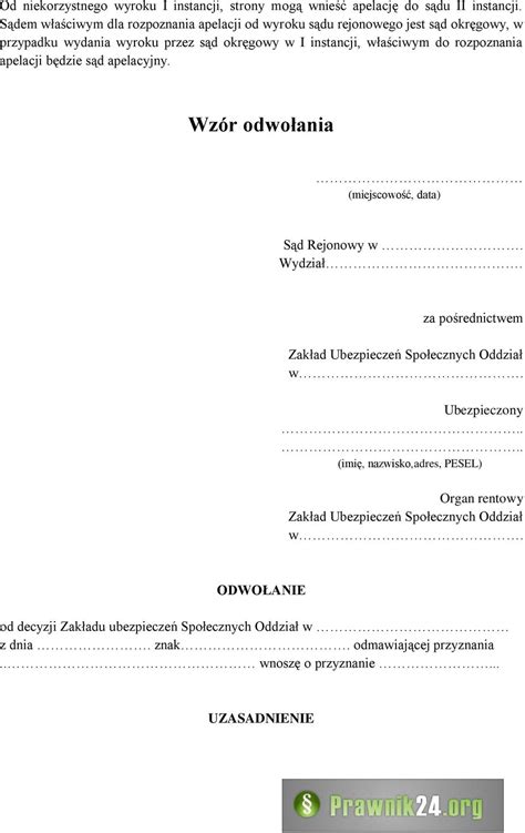 ODWOŁANIE OD DECYZJI ZUS Wzór odwołania PDF Free Download