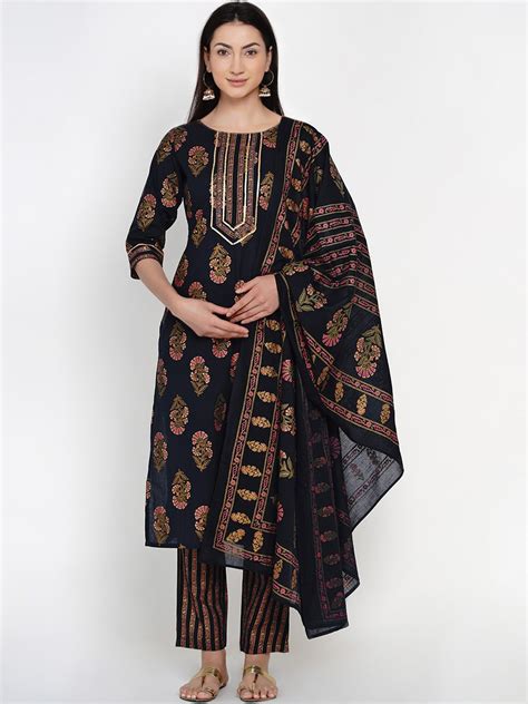 Buy Yuris Women Navy Blue Gold Toned Printed Kurta With Trousers