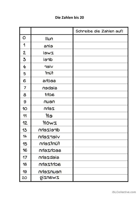 Zahlen bis 20 allgemeine Deutsch DAF Arbeitsblätter pdf doc