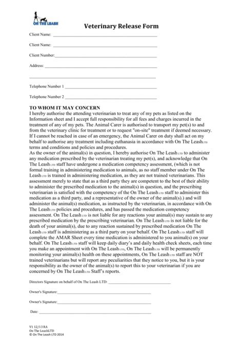 Veterinary Release Form Template