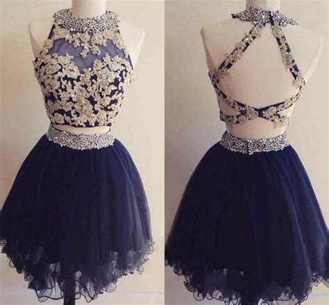 Cute Two Pieces Mini Short Homecoming Dresses Navy Blue Appliques