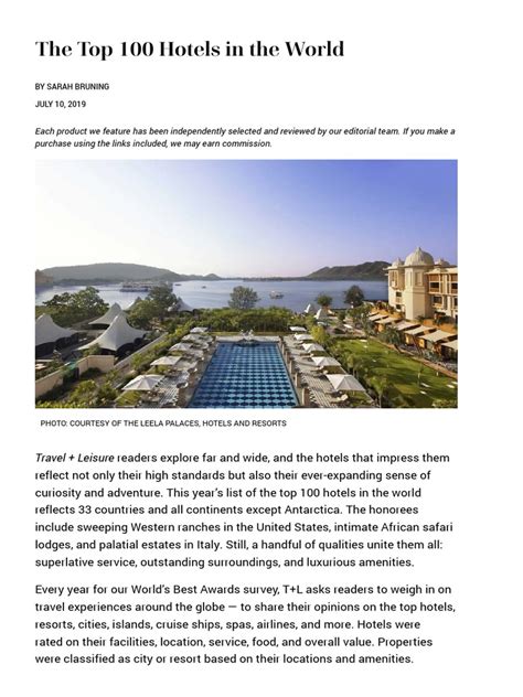 Travelleisure Best 100 Hotels Worlds Best Hotels 2019 Pdf