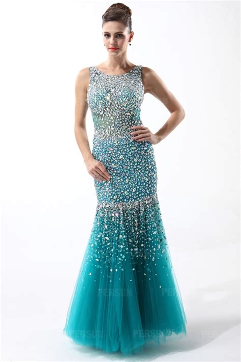 Robe Sir Ne De Soir E Bleue Orn E De Strass Dos Nu En Tulle