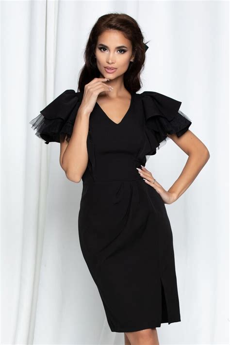 Rochie Neagra Eleganta Cu Volane Si Maneci Dy Fashion Clara Rochii