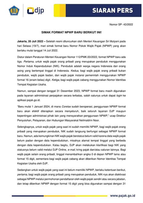 Siaran Pers Sp Npwp Format Baru Pmk Pajak Articles