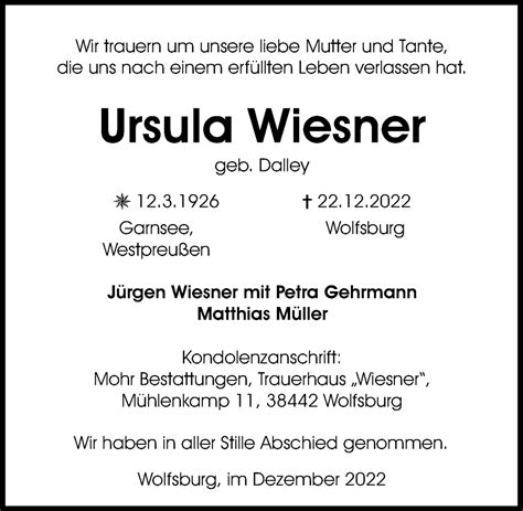 Traueranzeigen Von Ursula Wiesner Trauer Anzeigen De