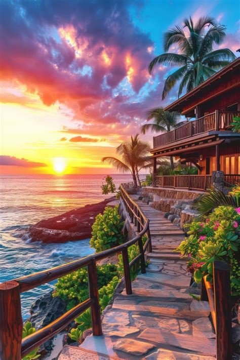 Stunning Coastal Sunset View With Lush Greenery And Vibrant Sky Colors