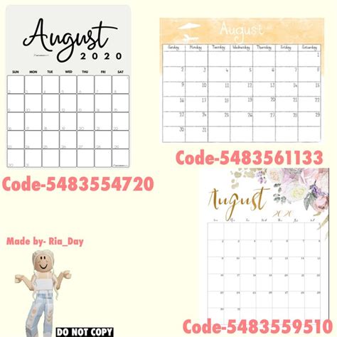 August Calendar Decal Codes Bloxburg Roblox Do Not Copy Calendar Decal Coding School Decal