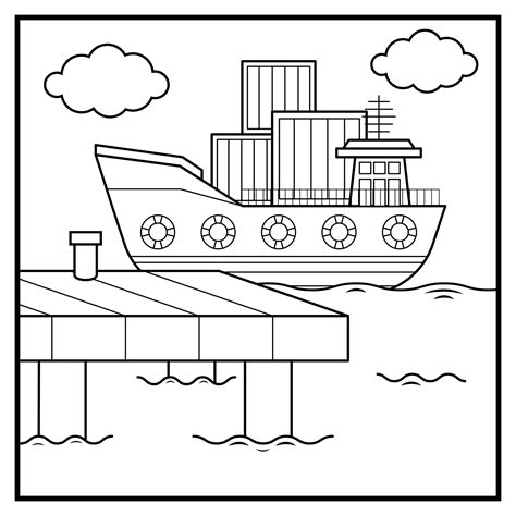 Coloring Sheet Of Cargo Ship At Pier 16187657 Vector Art At Vecteezy