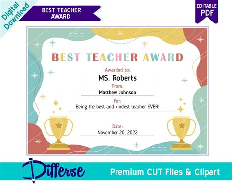 Best Teacher Award Award Certificate Editable Certificate Custom Certificate Best Teacher Ever