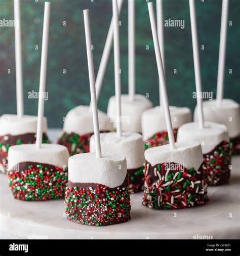 Sweet Chocolate Dipped Marshmallow Pops With Festive Sprinkles Stock