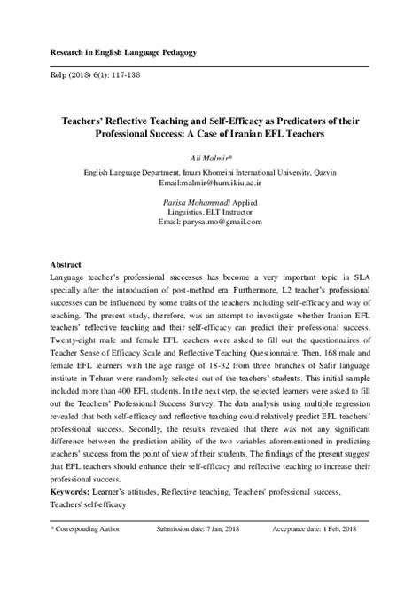 Pdf Teachers Reflective Teaching And Self Efficacy As Predicators Of