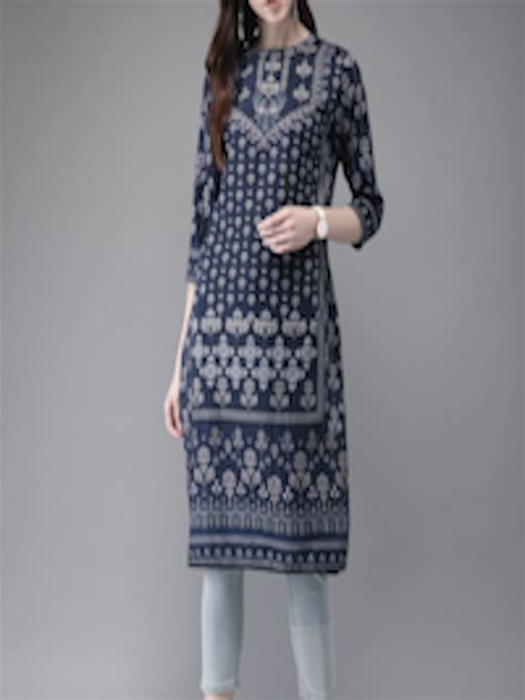 Buy Anouk Women Navy Blue And White Printed Straight Kurta Kurtas For